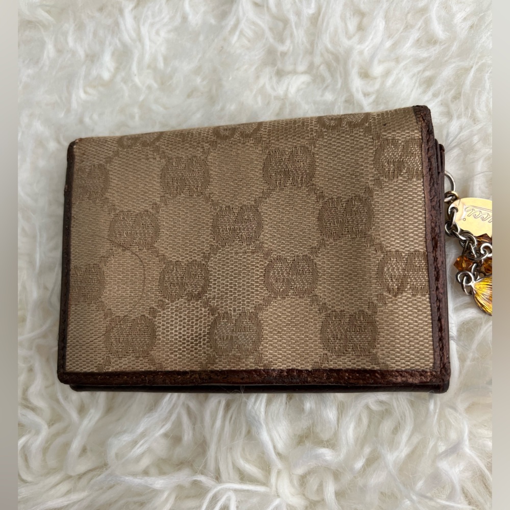 Gucci GG Canvas Jolicoeur Card Holder Mini Wallet w Charm Chain
